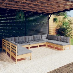 vidaXL 9-tlg. Garten-Lounge-Set mit Grauen Kissen Kiefer Massivholz