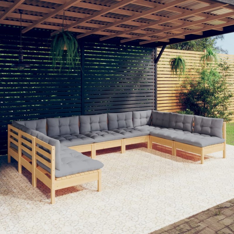 vidaXL 9-tlg. Garten-Lounge-Set mit Grauen Kissen Kiefer Massivholz vidaXL 9-tlg. Garten-Lounge-Set mit Grauen Kissen Kiefer Massivholz