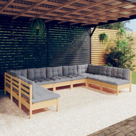 vidaXL 9-tlg. Garten-Lounge-Set mit Grauen Kissen Kiefer Massivholz