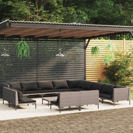 vidaXL 14-tlg. Garten-Lounge-Set mit Auflagen Poly Rattan Dunkelgrau