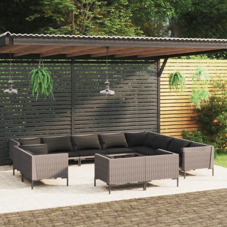 vidaXL 12-tlg. Garten-Lounge-Set mit Auflagen Poly Rattan Dunkelgrau