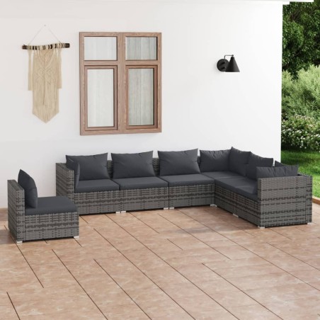 vidaXL 7-tlg. Garten-Lounge-Set mit Kissen Poly Rattan Grau