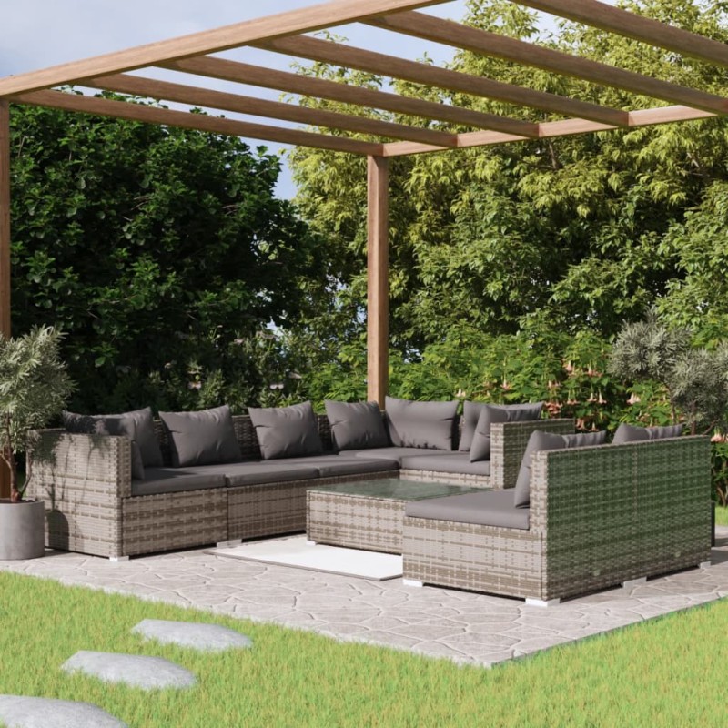 vidaXL 8-tlg. Garten-Lounge-Set mit Kissen Grau Poly Rattan vidaXL 8-tlg. Garten-Lounge-Set mit Kissen Grau Poly Rattan