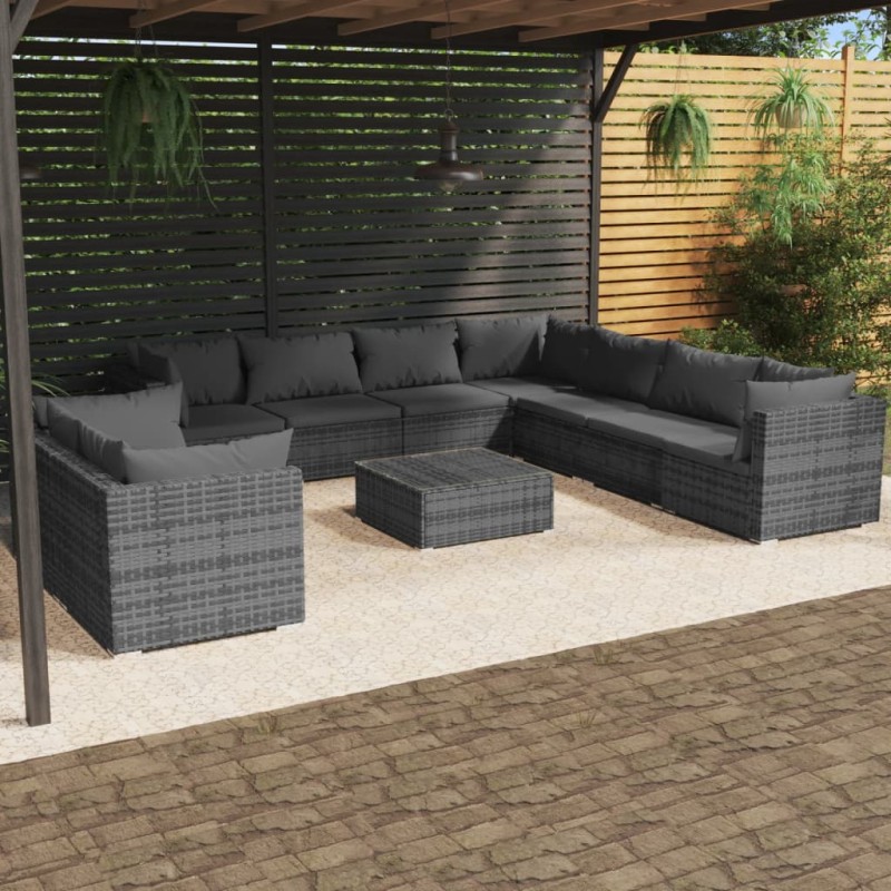 vidaXL 10-tlg. Garten-Lounge-Set mit Kissen Grau Poly Rattan vidaXL 10-tlg. Garten-Lounge-Set mit Kissen Grau Poly Rattan
