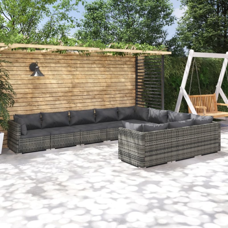 vidaXL 10-tlg. Garten-Lounge-Set mit Kissen Poly Rattan Grau vidaXL 10-tlg. Garten-Lounge-Set mit Kissen Poly Rattan Grau