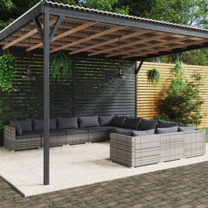 vidaXL 11-tlg. Garten-Lounge-Set mit Kissen Poly Rattan Grau vidaXL 11-tlg. Garten-Lounge-Set mit Kissen Poly Rattan Grau