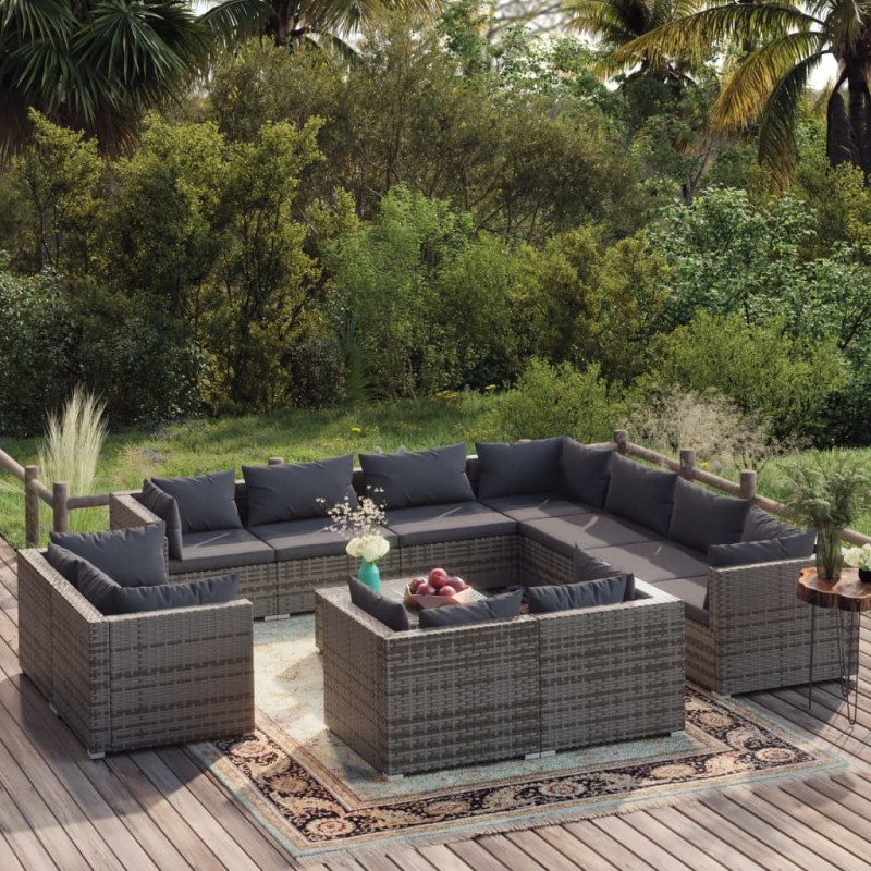 vidaXL 12-tlg. Garten-Lounge-Set mit Kissen Grau Poly Rattan vidaXL 12-tlg. Garten-Lounge-Set mit Kissen Grau Poly Rattan