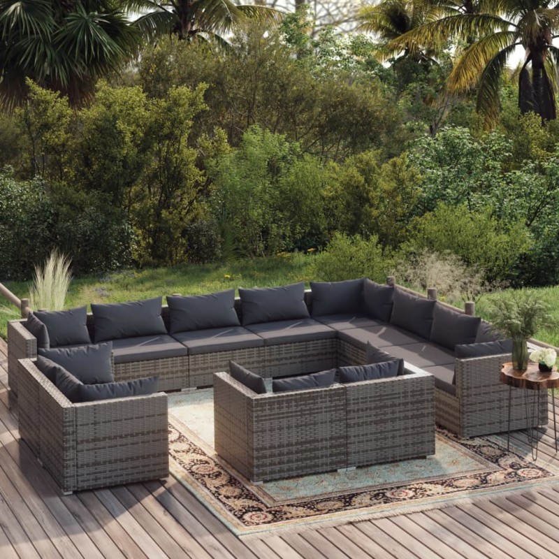 vidaXL 12-tlg. Garten-Lounge-Set mit Kissen Grau Poly Rattan vidaXL 12-tlg. Garten-Lounge-Set mit Kissen Grau Poly Rattan