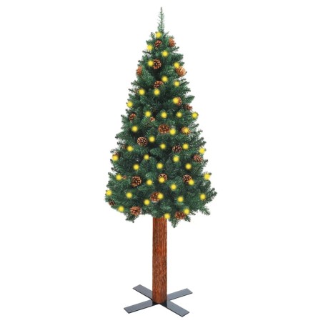 vidaXL Weihnachtsbaum Schlank mit Beleuchtung & Zapfen Echtholz 150 cm