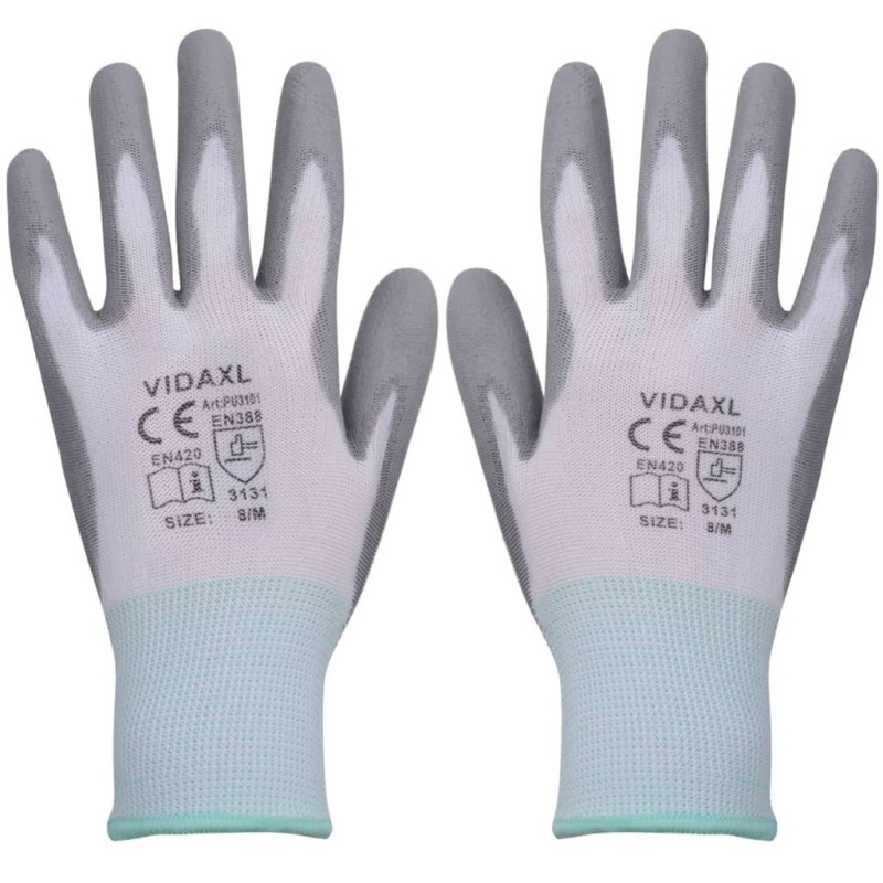 vidaXL Arbeitshandschuhe PU 24 Paar Weiß und Grau Gr. 8/M vidaXL Arbeitshandschuhe PU 24 Paar Weiß und Grau Gr. 8/M