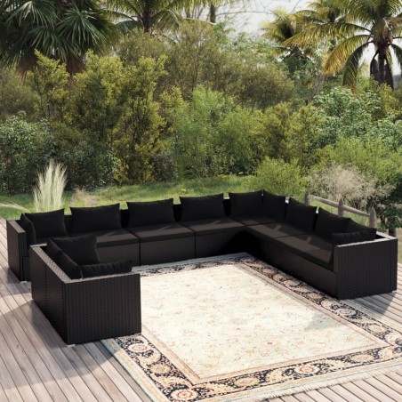 vidaXL 10-tlg. Garten-Lounge-Set mit Kissen Schwarz Poly Rattan