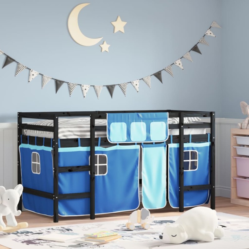vidaXL Kinderhochbett mit Vorhängen Blau 90x190 cm Massivholz Kiefer vidaXL Kinderhochbett mit Vorhängen Blau 90x190 cm Massivholz Kiefer