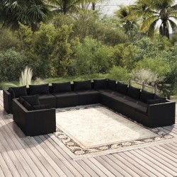 vidaXL 11-tlg. Garten-Lounge-Set mit Kissen Schwarz Poly Rattan