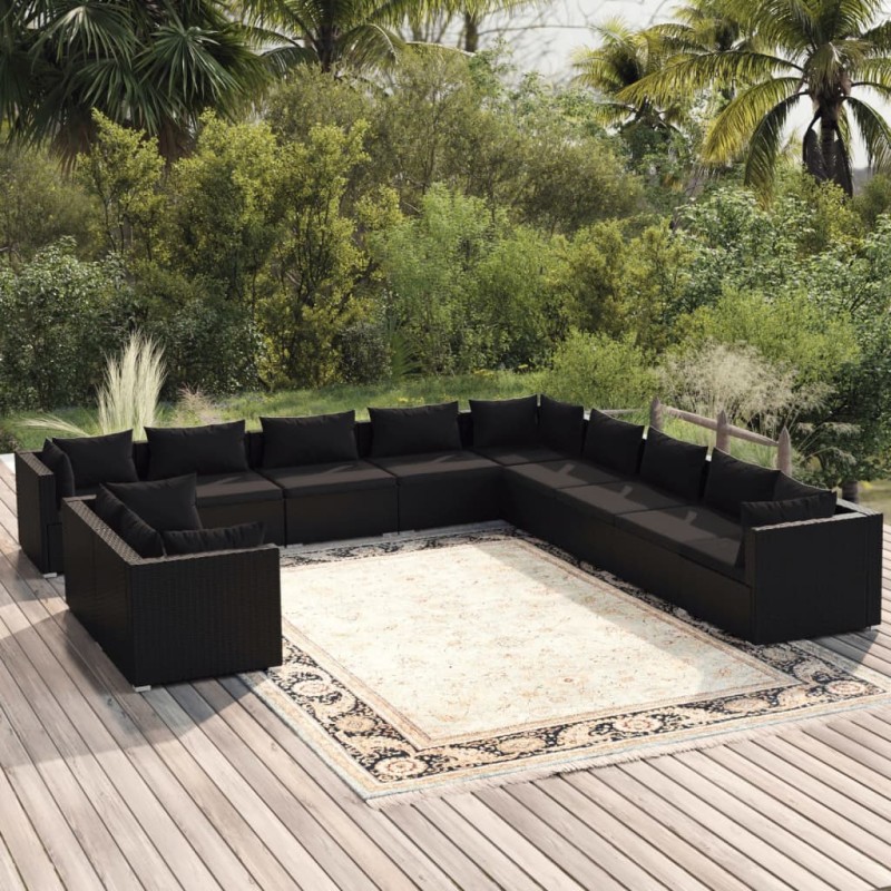 vidaXL 11-tlg. Garten-Lounge-Set mit Kissen Schwarz Poly Rattan vidaXL 11-tlg. Garten-Lounge-Set mit Kissen Schwarz Poly Rattan