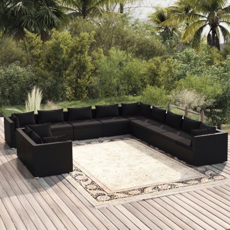 vidaXL 11-tlg. Garten-Lounge-Set mit Kissen Schwarz Poly Rattan