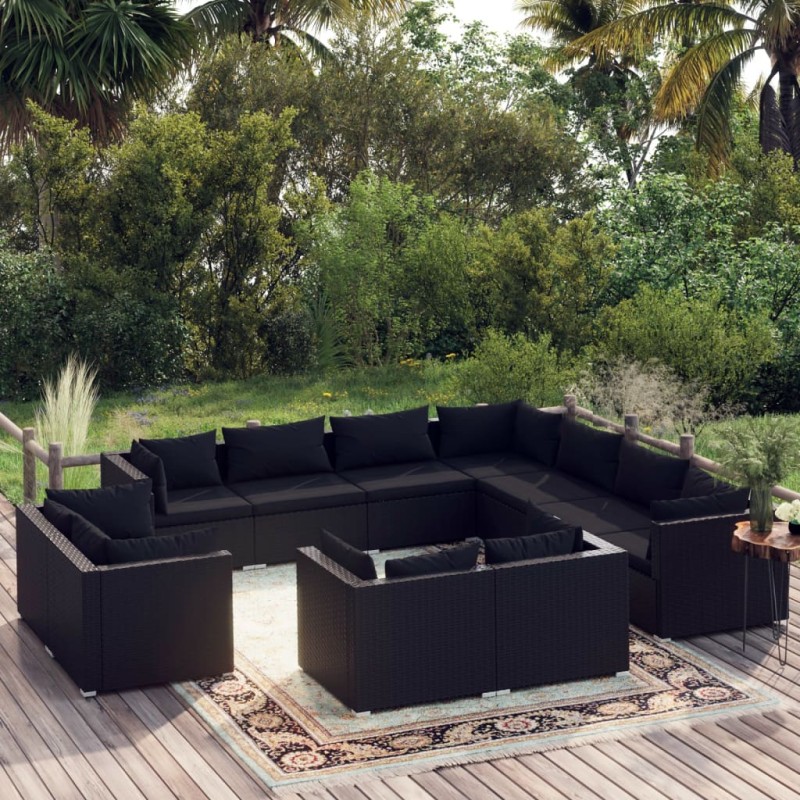 vidaXL 11-tlg. Garten-Lounge-Set mit Kissen Schwarz Poly Rattan vidaXL 11-tlg. Garten-Lounge-Set mit Kissen Schwarz Poly Rattan
