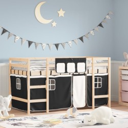 vidaXL Kinderhochbett mit Vorhängen Weiß Schwarz 90x190 cm Kiefernholz