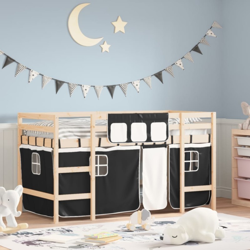 vidaXL Kinderhochbett mit Vorhängen Weiß Schwarz 90x190 cm Kiefernholz vidaXL Kinderhochbett mit Vorhängen Weiß Schwarz 90x190 cm Kiefernholz