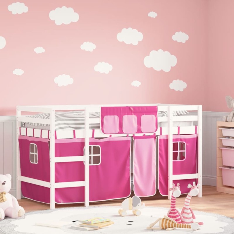 vidaXL Kinderhochbett mit Vorhängen Rosa 90x190 cm Massivholz Kiefer vidaXL Kinderhochbett mit Vorhängen Rosa 90x190 cm Massivholz Kiefer
