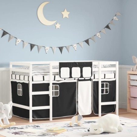 vidaXL Kinderhochbett mit Vorhängen Weiß Schwarz 90x190 cm Kiefernholz