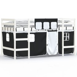vidaXL Kinderhochbett mit Vorhängen Weiß Schwarz 90x190 cm Kiefernholz
