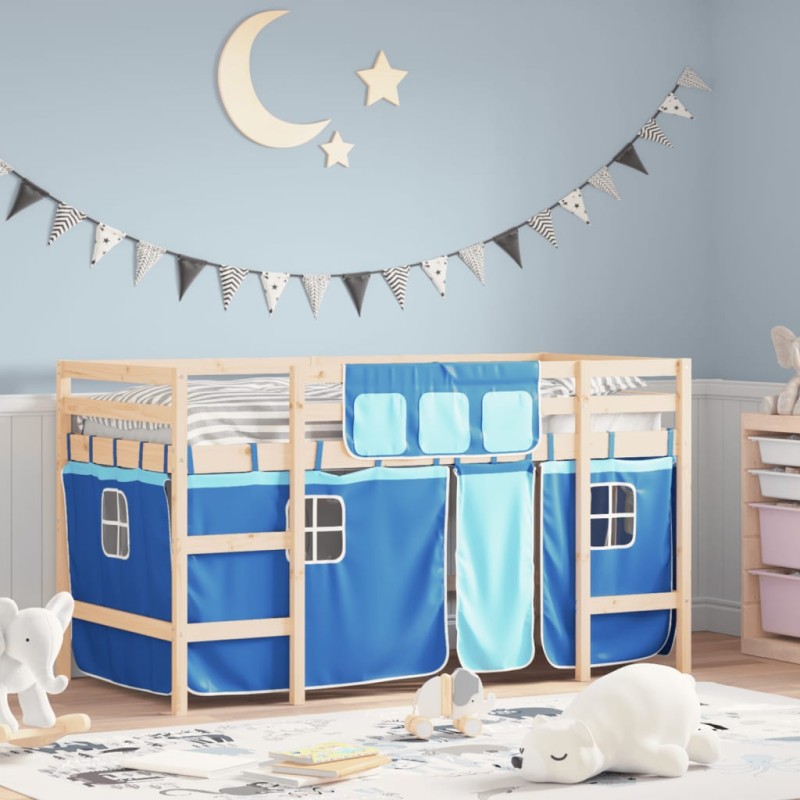 vidaXL Kinderhochbett mit Vorhängen Blau 90x190 cm Massivholz Kiefer vidaXL Kinderhochbett mit Vorhängen Blau 90x190 cm Massivholz Kiefer