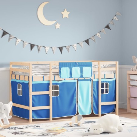 vidaXL Kinderhochbett mit Vorhängen Blau 90x190 cm Massivholz Kiefer