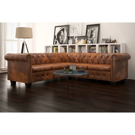 vidaXL Chesterfield Ecksofa 5-Sitzer Kunstleder Braun 