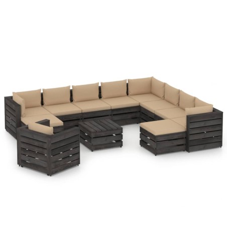 vidaXL 12-tlg. Garten-Lounge-Set mit Kissen Grau Imprägniertes Holz