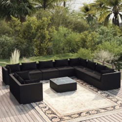 vidaXL 11-tlg. Garten-Lounge-Set mit Kissen Schwarz Poly Rattan
