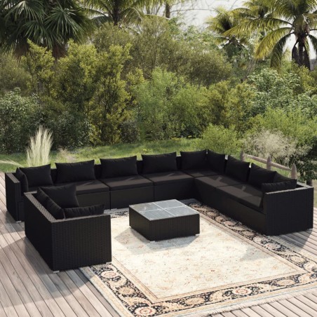 vidaXL 11-tlg. Garten-Lounge-Set mit Kissen Schwarz Poly Rattan