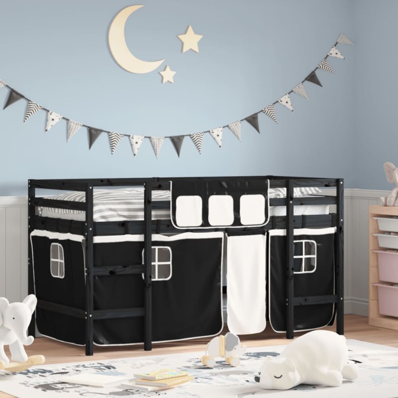 vidaXL Kinderhochbett mit Vorhängen Weiß Schwarz 90x190 cm Kiefernholz vidaXL Kinderhochbett mit Vorhängen Weiß Schwarz 90x190 cm Kiefernholz