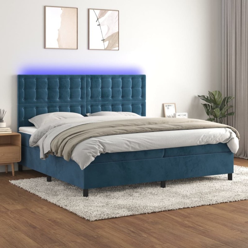 vidaXL Boxspringbett mit Matratze & LED Dunkelblau 200x200 cm Samt