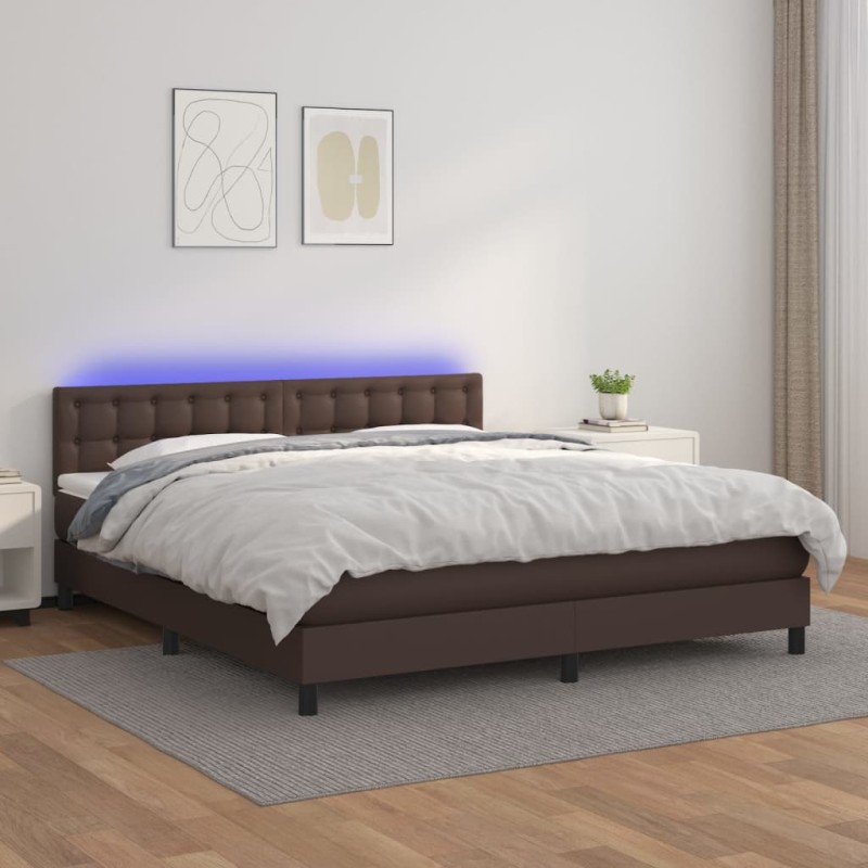 vidaXL Boxspringbett mit Matratze & LED Braun 160x200 cm Kunstleder vidaXL Boxspringbett mit Matratze & LED Braun 160x200 cm Kunstleder