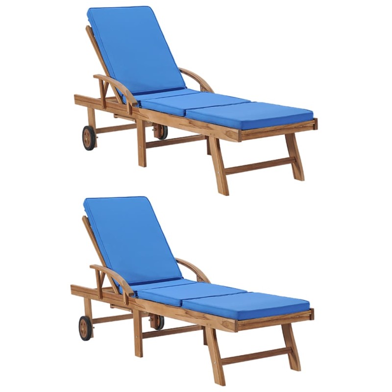 Sonnenliegen mit Auflagen 2 Stk. Massivholz Teak Blau Sonnenliegen mit Auflagen 2 Stk. Massivholz Teak Blau
