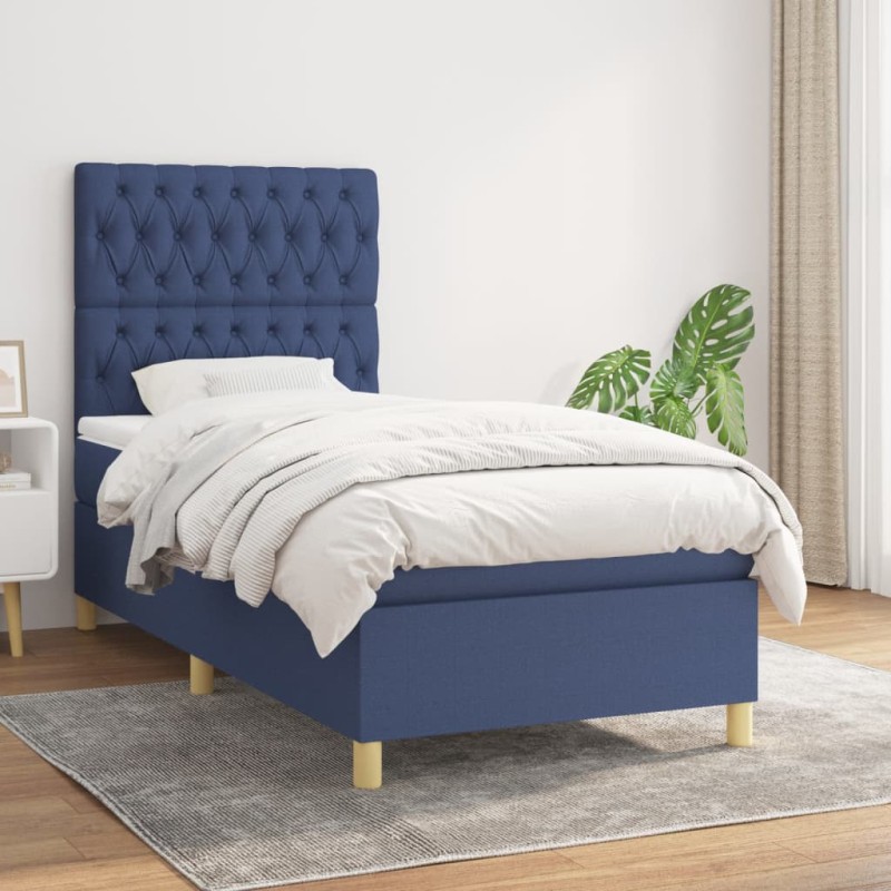 vidaXL Boxspringbett mit Matratze Blau 100x200 cm Stoff vidaXL Boxspringbett mit Matratze Blau 100x200 cm Stoff
