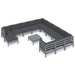 vidaXL 13-tlg. Garten-Lounge-Set mit Kissen Grau Kiefernholz