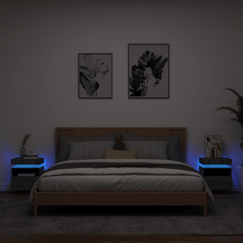 vidaXL Nachttische mit LED-Leuchten 2 Stk. Grau Sonoma 40x39x48,5 cm vidaXL Nachttische mit LED-Leuchten 2 Stk. Grau Sonoma 40x39x48,5 cm