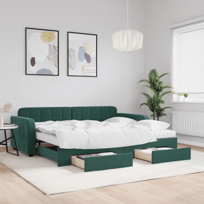 vidaXL Tagesbett Ausziehbar mit Schubladen Dunkelgrün 90x200 cm Samt vidaXL Tagesbett Ausziehbar mit Schubladen Dunkelgrün 90x200 cm Samt