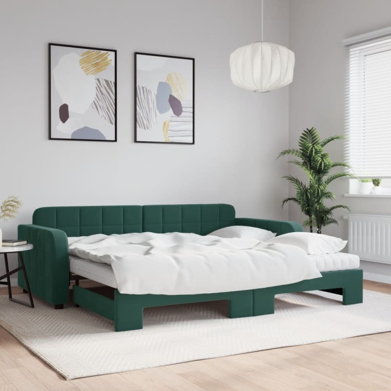 vidaXL Tagesbett Ausziehbar mit Matratzen Dunkelgrün 90x200 cm Samt vidaXL Tagesbett Ausziehbar mit Matratzen Dunkelgrün 90x200 cm Samt