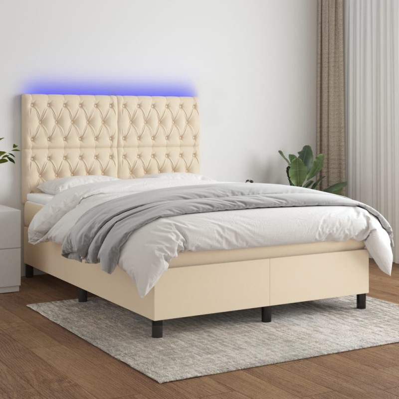vidaXL Boxspringbett mit Matratze & LED Creme 140x200 cm Stoff vidaXL Boxspringbett mit Matratze & LED Creme 140x200 cm Stoff