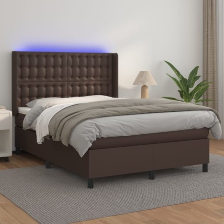vidaXL Boxspringbett mit Matratze & LED Braun 140x200 cm Kunstleder