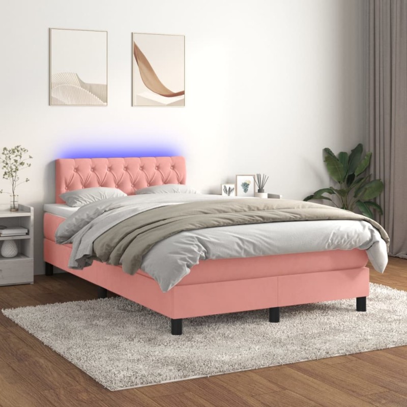 vidaXL Boxspringbett mit Matratze & LED Rosa 120x200 cm Samt vidaXL Boxspringbett mit Matratze & LED Rosa 120x200 cm Samt