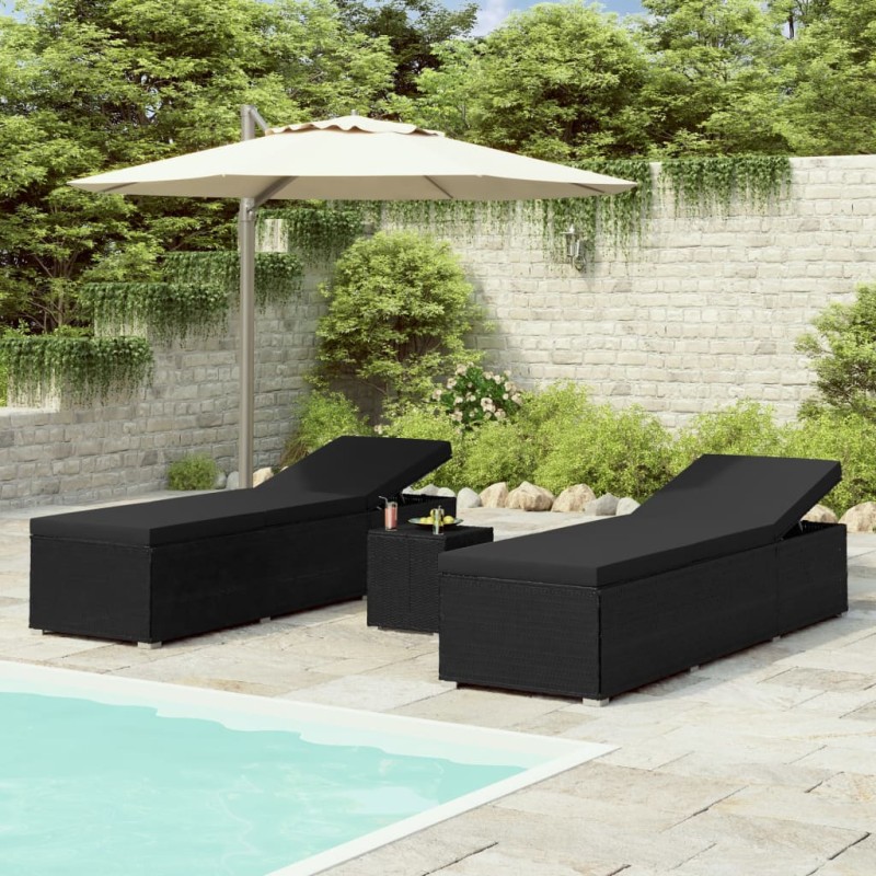 3-tlg. Garten-Sonnenliegen mit Teetisch Poly Rattan Schwarz 3-tlg. Garten-Sonnenliegen mit Teetisch Poly Rattan Schwarz