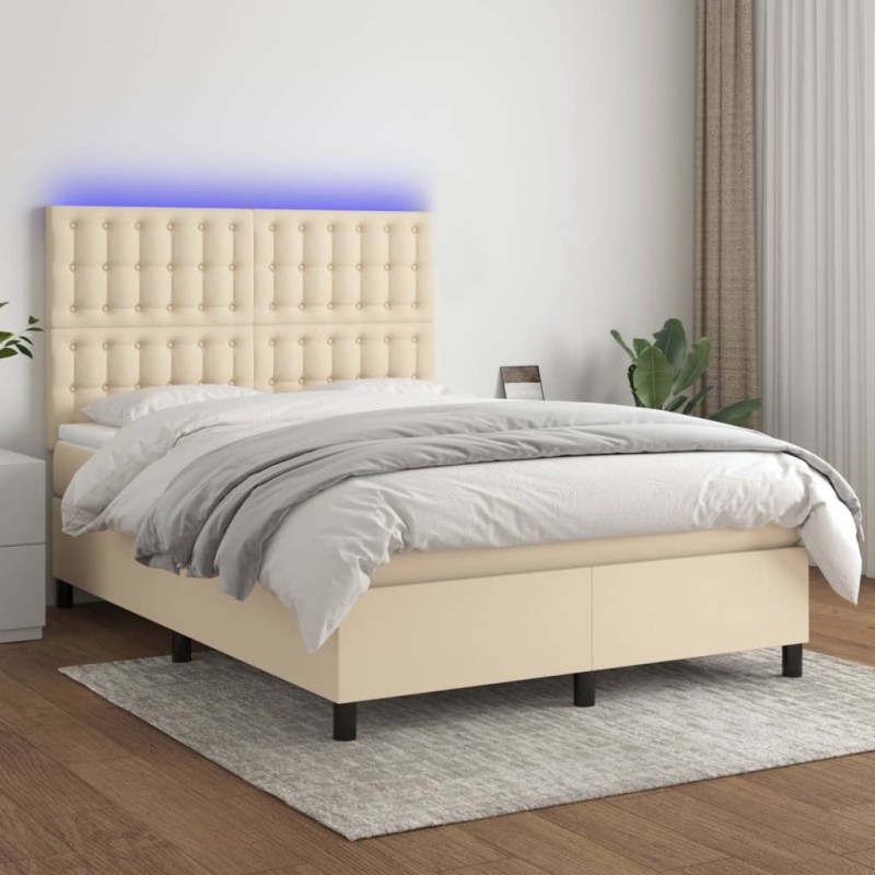vidaXL Boxspringbett mit Matratze & LED Creme 140x190 cm Stoff vidaXL Boxspringbett mit Matratze & LED Creme 140x190 cm Stoff