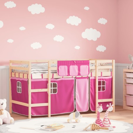 vidaXL Kinderhochbett mit Vorhängen Rosa 80x200 cm Massivholz Kiefer