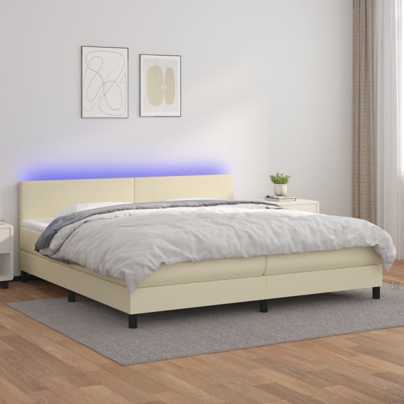 vidaXL Boxspringbett mit Matratze & LED Creme 200x200 cm Kunstleder vidaXL Boxspringbett mit Matratze & LED Creme 200x200 cm Kunstleder