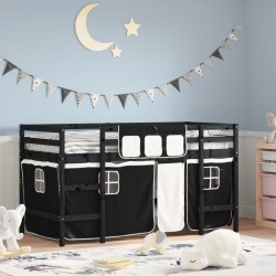 vidaXL Kinderhochbett mit Vorhängen Weiß und Schwarz Massivholz Kiefer