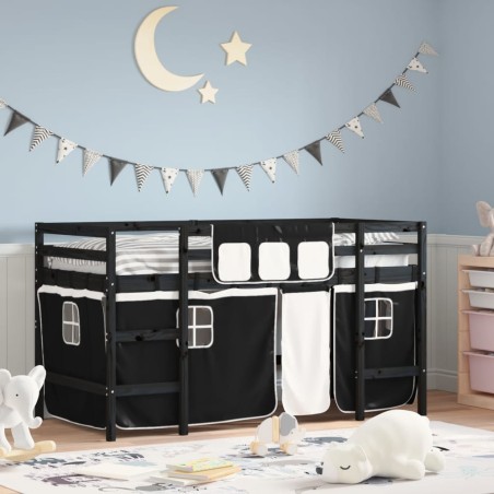 vidaXL Kinderhochbett mit Vorhängen Weiß und Schwarz Massivholz Kiefer