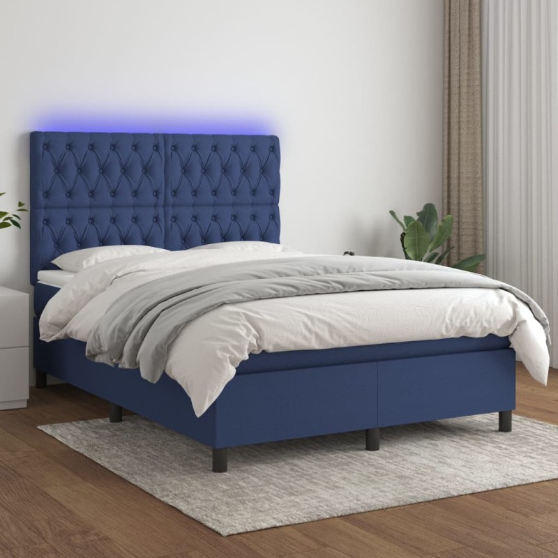 vidaXL Boxspringbett mit Matratze & LED Blau 140x200 cm Stoff vidaXL Boxspringbett mit Matratze & LED Blau 140x200 cm Stoff